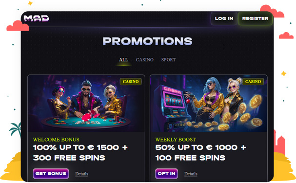 المكافآت والعروض الترويجية في كازينو MadCasino