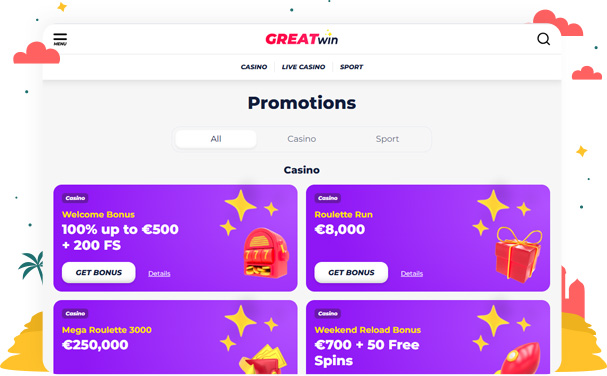 المكافآت والعروض الترويجية في كازينو GreatWin